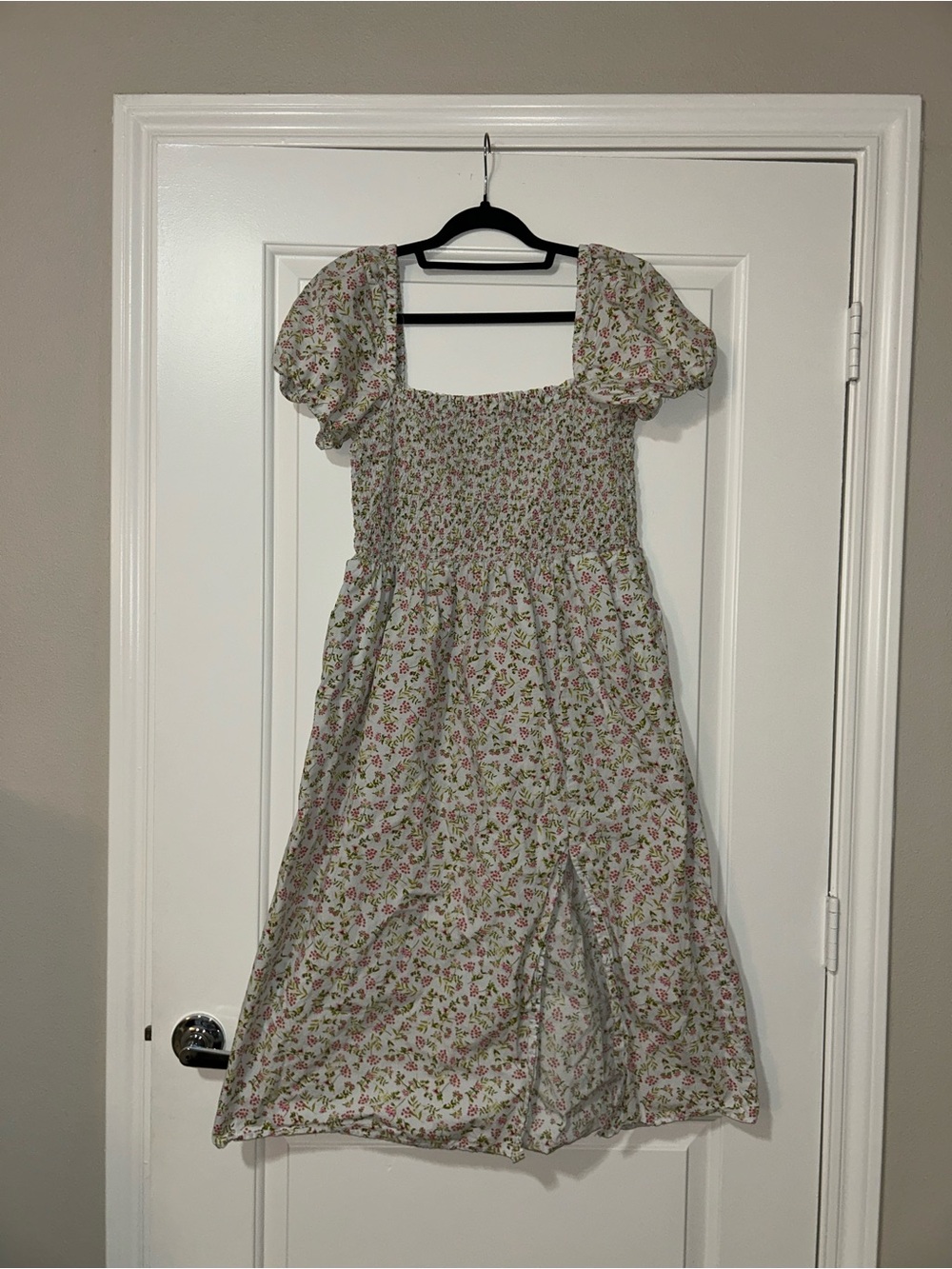 J. Crew White Smocked Floral Midi Dress with Pink & Green Print
